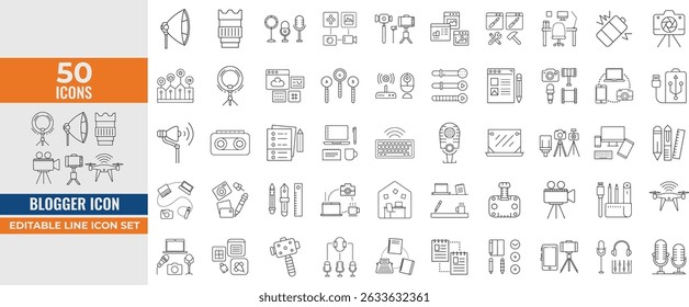 Bloguero e Influencer Icon Set – Iconos de la Línea de Vector de Creación de Contenido, Vlogging, Redes Sociales, Seguidores, Marca Personal y Herramientas de Marketing Digital