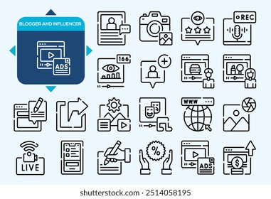 Blogger Influencer icons , editable stroke line icons vector illustration on white background with icons of follower, social media, promotion, passion, influence, content, community, marketing.