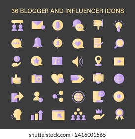 Blogger and Influencer icons set. Versatile icons for content creation, audience engagement, and personal branding. Digital marketing and social media presence tools. Flat vector illustration.