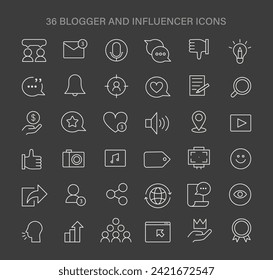 Symbole für Blogger und Influenzainter. Vielseitige Symbole für die Erstellung von Inhalten, das Engagement von Zuschauern und das persönliche Branding. Tools für digitales Marketing und soziale Medien. Flache Vektorgrafik.