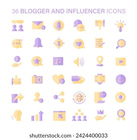 Blogger and Influencer icons set. Versatile icons for content creation, audience engagement, and personal branding. Digital marketing and social media presence tools. Flat vector illustration.