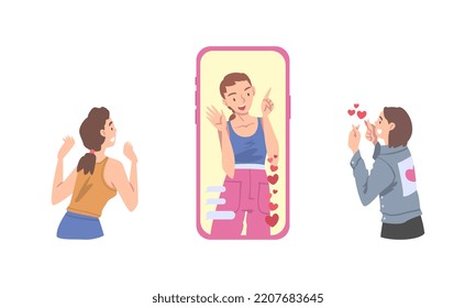 Blogger influencer in smartphone speaking with enthusiastic followers cartoon vector illustration