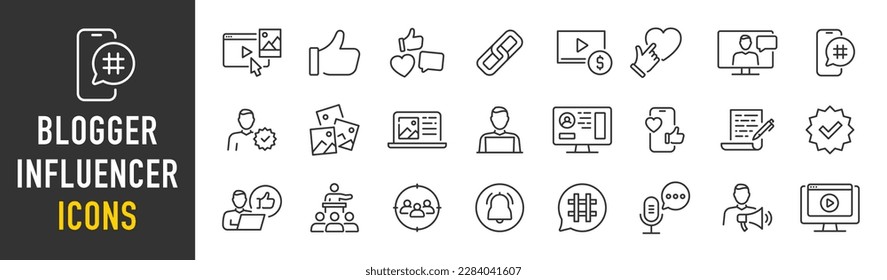 Blogger and Influencer web icons in line style. Blog, monetization, personal brand, video, likes, social media, collection. Vector illustration.