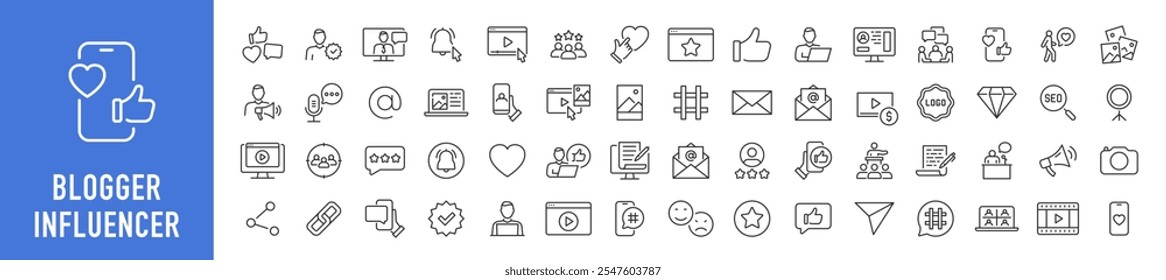 Blogger and Influencer web icons in line style. Blog, monetization, personal brand, video, likes, social media, collection. Vector illustration.