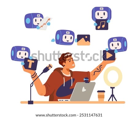 Blogger interacting with artificial intelligence for blog content generation and analytics flat vector concept illustration isolated on white. Mini robots bringing generated content text, music etc
