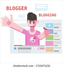 Blogger in interface web video podcast. Popular young video streamer blogging man, live broadcast, online channel. Reviews, questions, answers of subscribers of the audience. Vector isolated