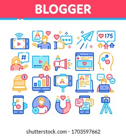 Blogger Internet Social Channel Icons Set Vector. Blogger Web Site And Likes, Photo Camera And Bell, Loudspeaker And Magnet Concept Linear Pictograms. Color Illustrations
