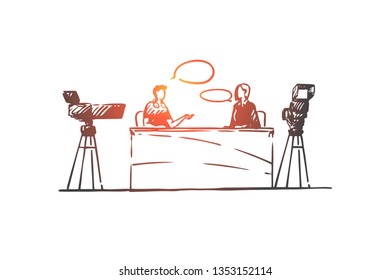 Blogger, interview, communication, media, camera concept. Hand drawn blogger doing online interview concept sketch. Isolated vector illustration.