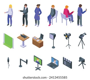 Blogger interview icons set isometric vector. Live streaming. Male female social
