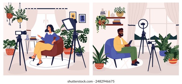 Blogger interview live streaming. Video blogger woman and man character. Online podcast record studio. Social media network broadcast. Vloggers stream at home interior. Vector illustration flat style