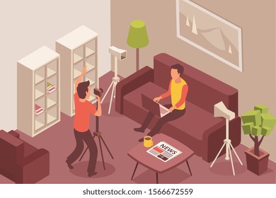 Blogger isometric composition with domestic environment furniture and video blog shooting process with faceless human characters vector illustration