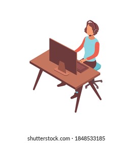 Blogger isometric composition with girl reviewing computer games sitting at table with hands free set vector illustration