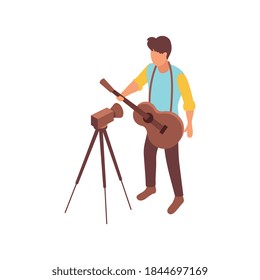 Composición isométrica del blogger con cámara de video en trípode y personaje masculino del músico con ilustración vectorial de guitarra acústica