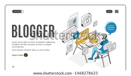 Blogger isometric landing page, man sitting at computer screen working on laptop, creating video content for social media networks broadcasting. 3d vector illustration, line art, web banner template