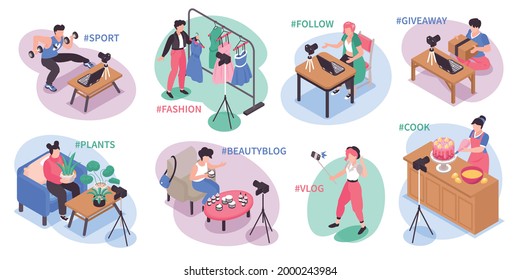 Blogger isometric set with beauty and fashion blog symbols isolated vector illustration