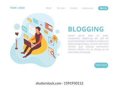 Blogger isometric web site landing page with human character and cloud of pictograms with clickable links vector illustration