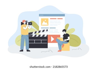 Blogger with laptop editing video content for blog. Tiny male videographer holding professional camera flat vector illustration. Vlog, channel concept for banner, website design or landing web page