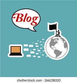 blogger, laptop sends data to the world, flag and human