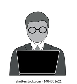 Blogger, laptop user flat vector icon. Freelance job vector illustration. Man working on internet using laptop. Business man and laptop isolated on white. Work at the computer. Flat design. EPS 10.