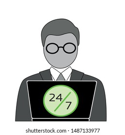Blogger, laptop user flat vector icon. Freelance job vector illustration. Man working on internet using laptop. Business man and laptop isolated on white. Work at the computer. Flat design. EPS 10.
