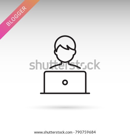 Blogger, laptop user thin line isolated flat vector icon