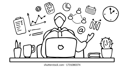 Blogger lead business blog. Man broadcasts online. Student studies remotely and takes the exam online. Head holds online meeting from home office. Manager holds a video conference with colleagues