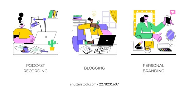 Blogger life isolated cartoon vector illustrations set. Recording podcast, using microphone, blogging, writing new post, create personal brand, content creation, become influencer vector cartoon.