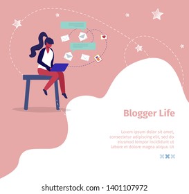 Blogger Life Square Banner. Young Woman Broadcasting Own Blog Creating and Posting Content in Social Media Network. Internet, Online Streaming, Blogging, Vlogging. Cartoon Flat Vector Illustration