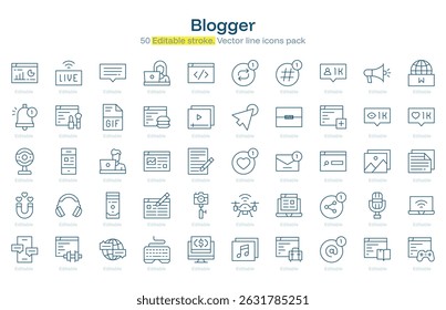 Blogger line icon pack. Blogger Stroke icon set. Editable Stroke icon