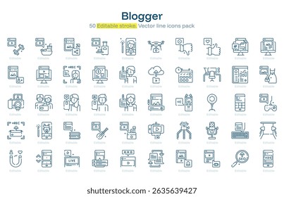 Blogger line icon pack. Blogger Stroke icon set. Editable Stroke icon.