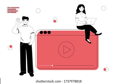 Blogger live streaming broadcast flat vector illustration concept. Male and female social media network bloggers collaboration vloggers Interview podcast video recording in studio 
