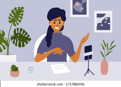 Blogger live streaming concept. Cute girl making video content to vlog, talking to blog audience. Woman vlogger online interview. Recording podcast, broadcast, social media network vector illustration