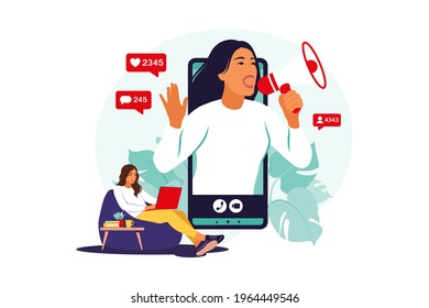 Blogger with loudspeakers announcing news, attracting target audience. Marketing, promotion, communication concept. Vector illustration. Flat.