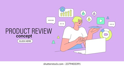 Blogger make video review on product, game or application in social media or vlog for subscribers. Business marketing, strategy, planning, digital advertising, social media and communication.
