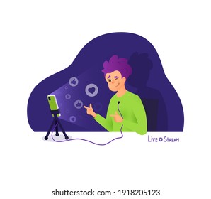 The blogger makes a live stream, broadcasts and receives likes and thumbs. Blogger vector cartoon character. Young vlogger make interview, recording  video on his phone.