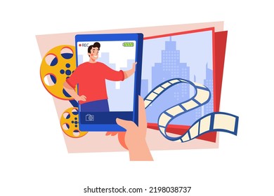 Blogger makes video clips. Guy shoots himself camera Illustration concept on white background
