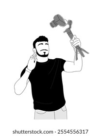 Blogger making selfie to phone camera on selfie stick for his vlog. Vlogger recording video for social media. Outline vector sketch drawing of influencer isolated on white background