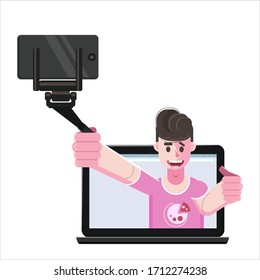 Blogger making video for blog or vlog holds smartphone on tripod. Popular young video streamer blogger man, live broadcast, podcast, online channel, laptop. Vector isolated illustration trendy flat