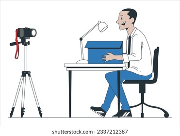 Blogger making video parcel unpacking content on camera with tripod. Man unboxing cardboard purchase streaming. Product review live stream. Vlogger influencer tutorial broadcast channel. 2138