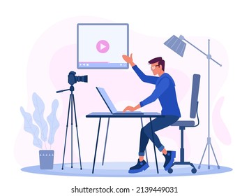 A blogger man sits at a table with a laptop and shoots a video using a camera. A male blogger is broadcasting a webinar online.  Vlog Concept. Shooting Video Clip. Vector illustration in a flat style.
