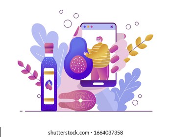 Blogger man talks about the keto diet and holds an avocado. Olive oil and salmon for cooking. Smartphone in hand. Vector flat illustration with botanical leaves