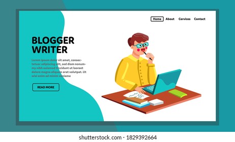 Blogger Man Thinking For New Blog Article Vector. Blogger Writer With Pencil Searching Idea For Write Text For Content. Character Guy Work With Laptop Workspace Web Flat Cartoon Illustration