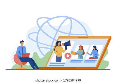 Blogger with megaphone advertising referrals. Woman with speaker, video training, seminar flat vector illustration. Communication, refer a friend concept for banner, website design or landing web page