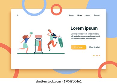 Blogger with megaphone advertising sale in fashion store. Customer running for shopping flat vector illustration. Consumerism, shopaholic concept for banner, website design or landing web page