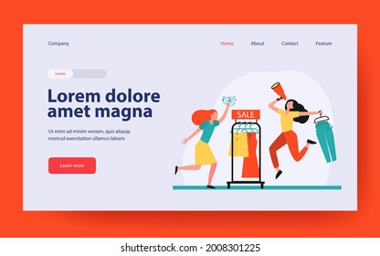 Blogger with megaphone advertising sale in fashion store. Customer running for shopping flat vector illustration. Consumerism, shopaholic concept for banner, website design or landing web page