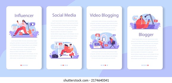Blogger mobile application banner set. Character sharing media content in the internet. Idea of social media and network. Online communication, creative occupation or hobby. Flat vector illustration