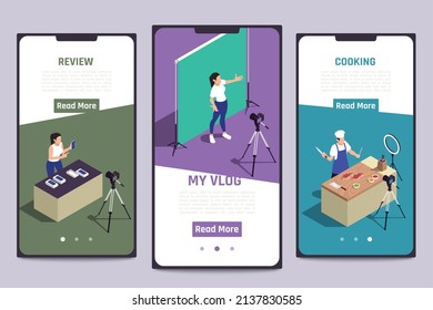 Blogger mobile device video editing apps 3 isometric smartphone screens with cooking vlogger presentation review vector illustration