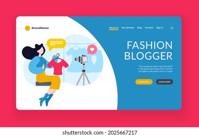 Blogger for modern fashion. Video reviews about new trends clothing and cosmetics. Online broadcasts of famous designers about style. Recommendations of makeup artists. Vector home page flat banner