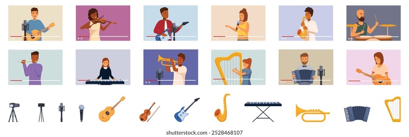 Conjunto de ícones de músico de blogueiro. Diversos músicos tocando diferentes instrumentos musicais e gravando o blog do vídeo da música usando a plataforma de streaming em casa