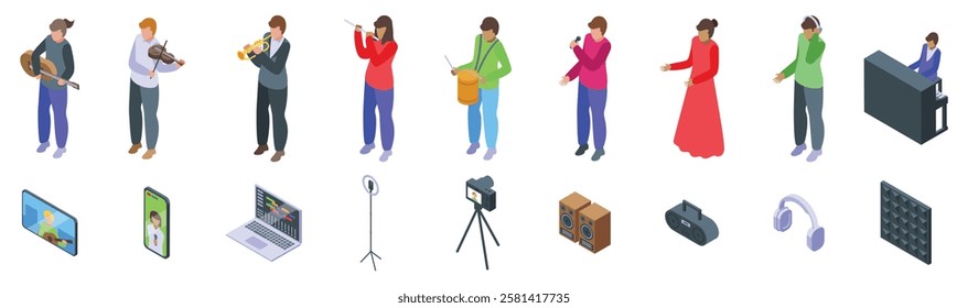  Blogger musician icons set. Musicians are creating and sharing music through various methods, from playing instruments to recording and performing